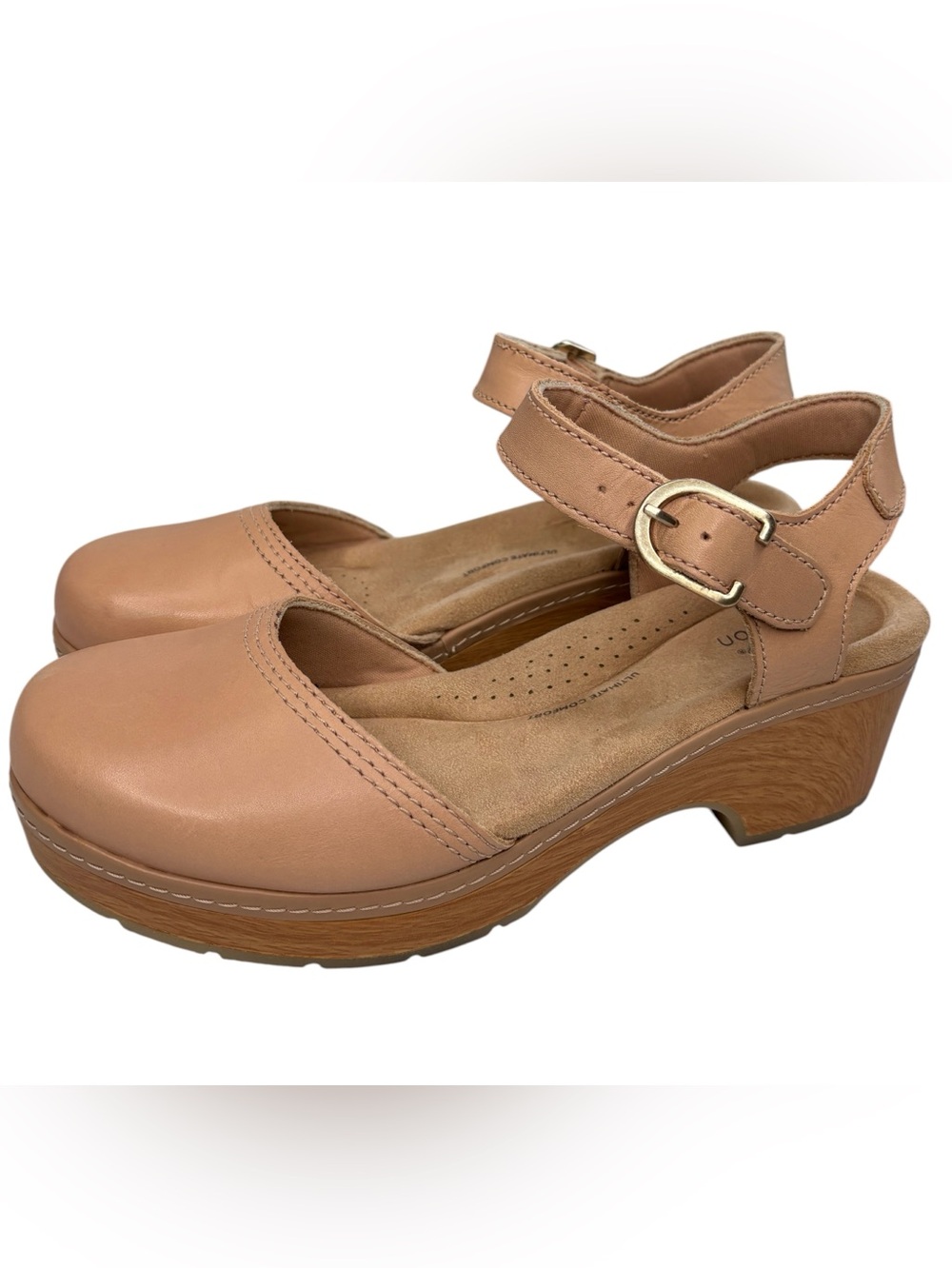 Clarks Paizlee Bay Womens Shoe Size 8 M Biege Leather Ankle Strap Platform Clogs
